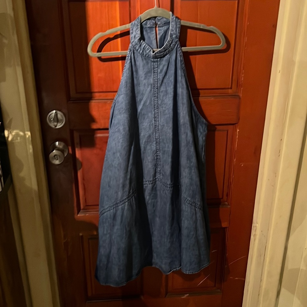 Free People Rising Sun Mini Dress Washed Blue Denim Size large